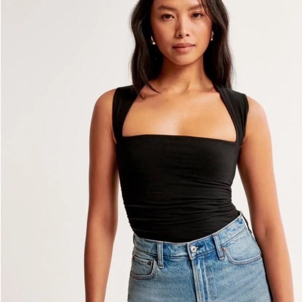 Abercrombie & Fitch Black Square Neck Ruched Sides Tank Bodysuit Size XS